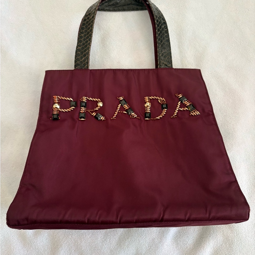 Prada Burgundy Tote with beaded logo and snakeskin handles